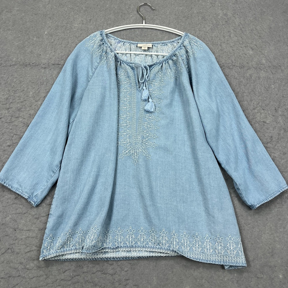 J.Jill Denim Top Women's Small Blue Embroidered Chambray Tassel Tie Blouse India
